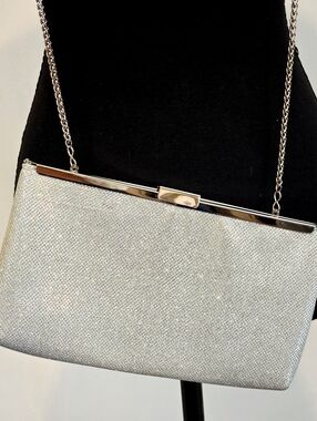 Silver Glitter Clutch Evening Bag Chain Strap Wedding Formal Purse